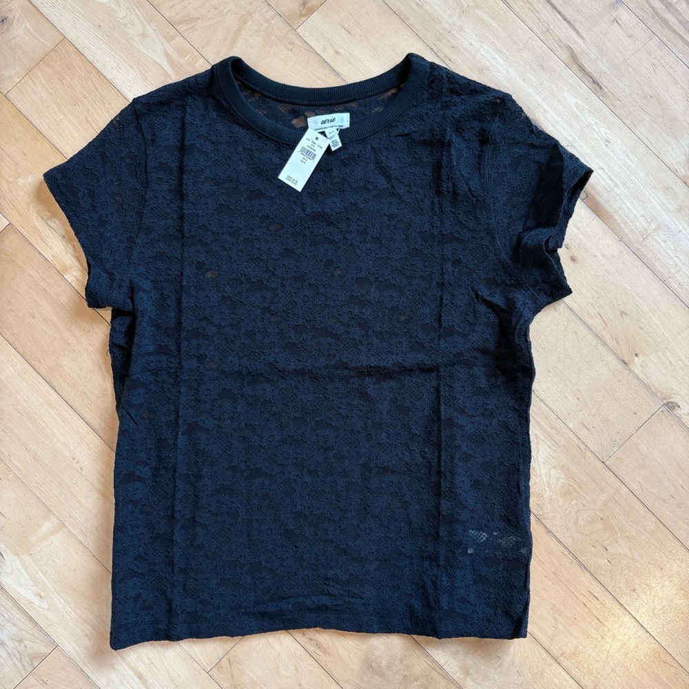 AERIE LACE VINTAGE TEE Black Scoop Neck Short Sleeve T-Shirt Size Small - Picture 4 of 9